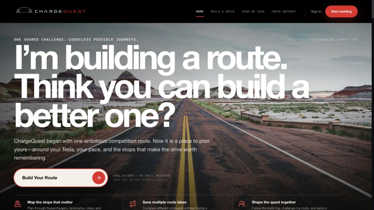 ChargeQuest Tesla route planner homepage